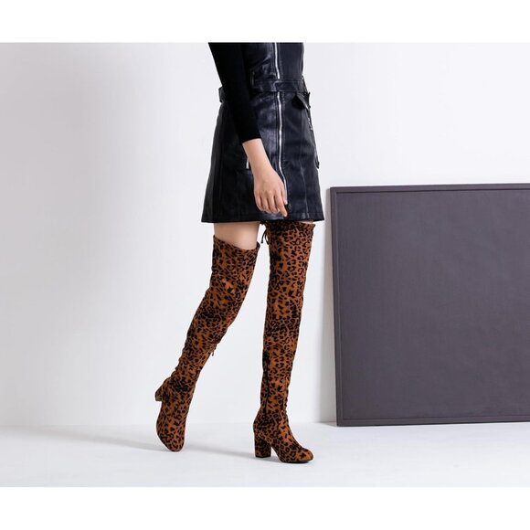 Women's Leopard Suede Inner Zipper Thigh High Over The Knee High Heel Boots - Picture 6 of 7